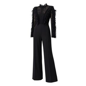Fashion Nova Jumpsuit Womens Large Black Lace Ruffle Mock Neck Wide Leg JP8973FN